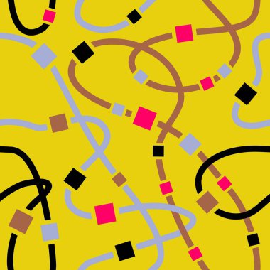 Dalgalı çizgileri, çizgileri, kareleri olan kusursuz bir desen. Kurdeleye dizilmiş kareler. Sarı arkaplan