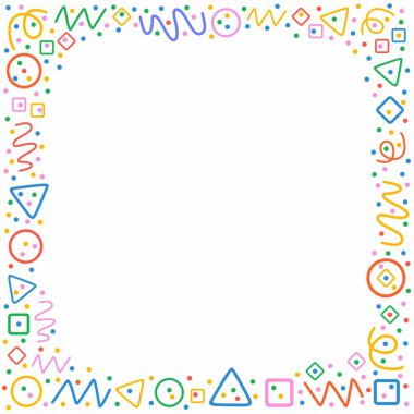 Renkli çerçeve deseni. Daireler, üçgenler, yılanlar, noktalar, kareler, eşkenar dörtgenler ve zikzak. Beyaz arkaplanda eğlenceli çizgi karalama şekilleri