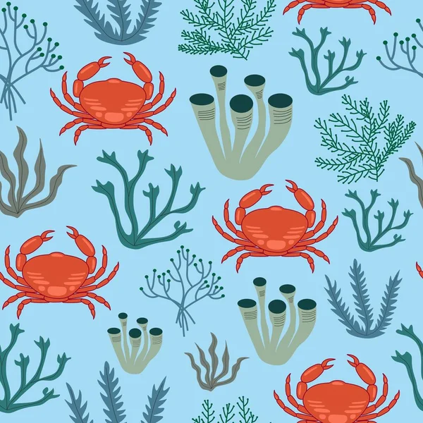 Seamless Marine Life Pattern Vector Crabs Algenkorallen — Stockvektor