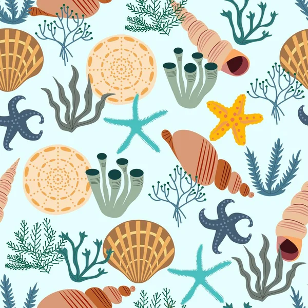 シームレスな青夏の水中パターン ベクトルイラスト 貝殻や海藻や星々 — ストックベクタ