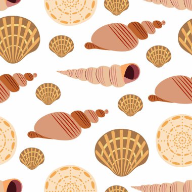 Beyaz arka planda deniz kabukları olan kusursuz bir vektör denizci deseni.