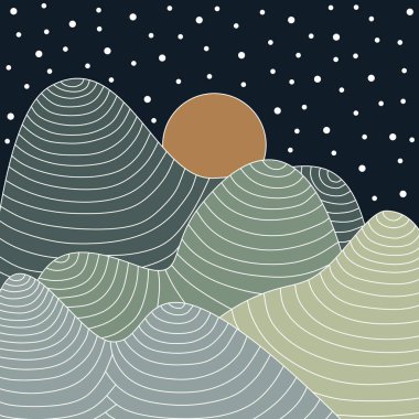 Dalga çizgisi sanat arka planı. Soyut dağlar pankart dizaynı. Yıldızlı ve aylı gece gökyüzü