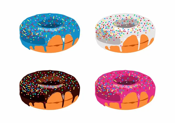 矢量甜甜圈与黑色 粉红色和蓝色巧克力或釉料 多努特图标设置或集合 — 图库矢量图片