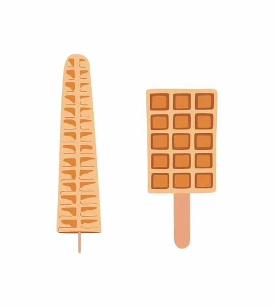 Two Waffles Sweet Food Dessert Food Vector Illustration Golden Brown — Stock Vector