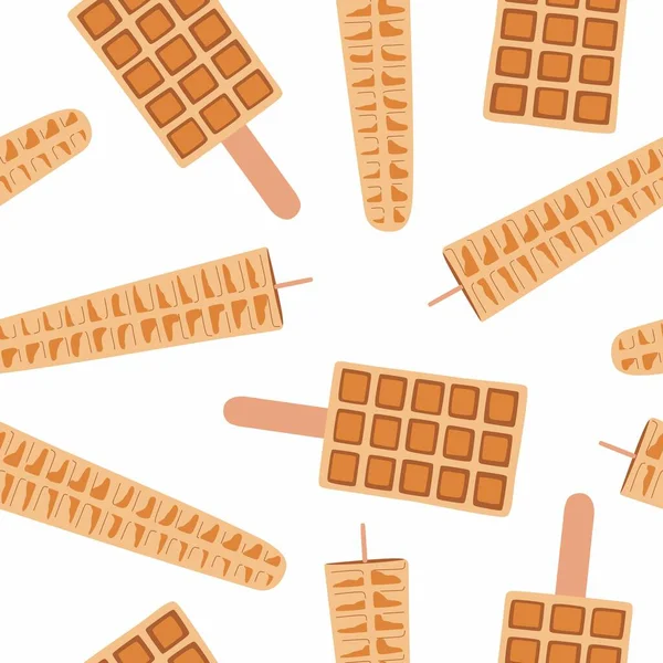 Sweet food and dessert food, vector seamless pattern of golden brown homemade corn dog waffle on a stick