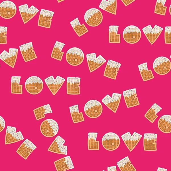 Sweet food and dessert food, vector illustration of golden brown homemade corn dog waffles in various flavors decorations and whit chocolate on pink seamless background. Love word. Valentines day.