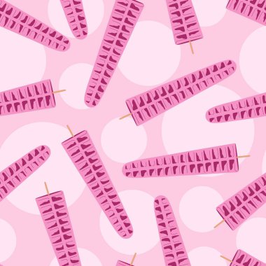 Tatlı yemek ve tatlı yemek, ev yapımı mısırlı sosis veya çubuktaki sosisli waffle 'ın vektör çizimi. Magenta rengi. Pembe ya da mor. Kusursuz desen. Paket kağıdı, baskı, tekstil, kumaş.