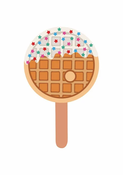 Sweet food and dessert food, vector illustration of golden brown homemade corn dog waffle on a stick. Letter O