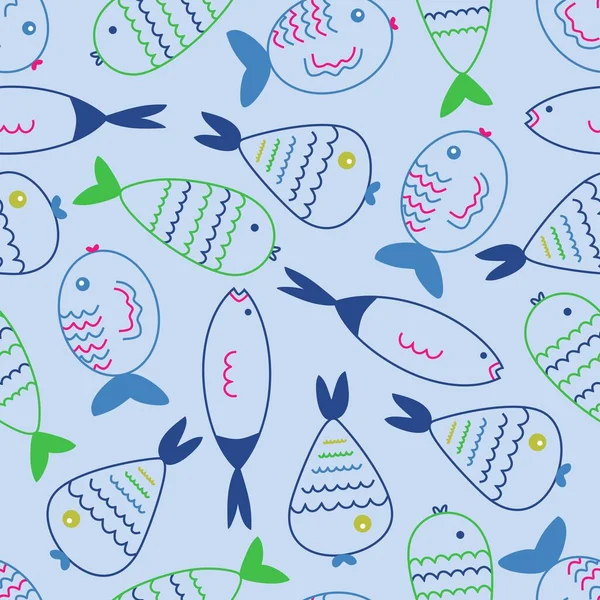 Doodle Χέρι Που Διαφορετικά Ψάρια Αδιάλειπτη Φόντο Στυλ Καρτούν Πολύχρωμες — Διανυσματικό Αρχείο