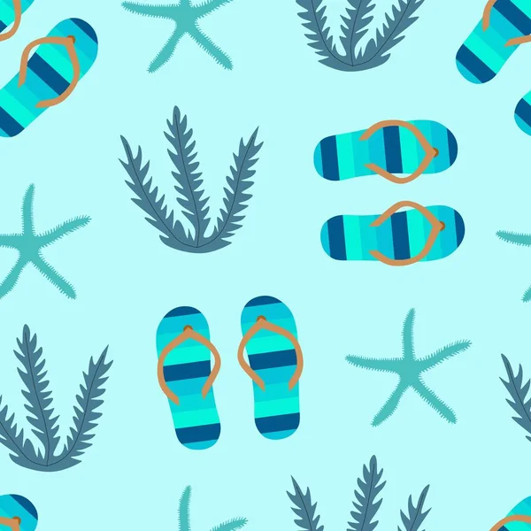 ベクトル旅行シームレスパターンフリップフロップ ヒトデや海藻とイラスト — ストックベクタ