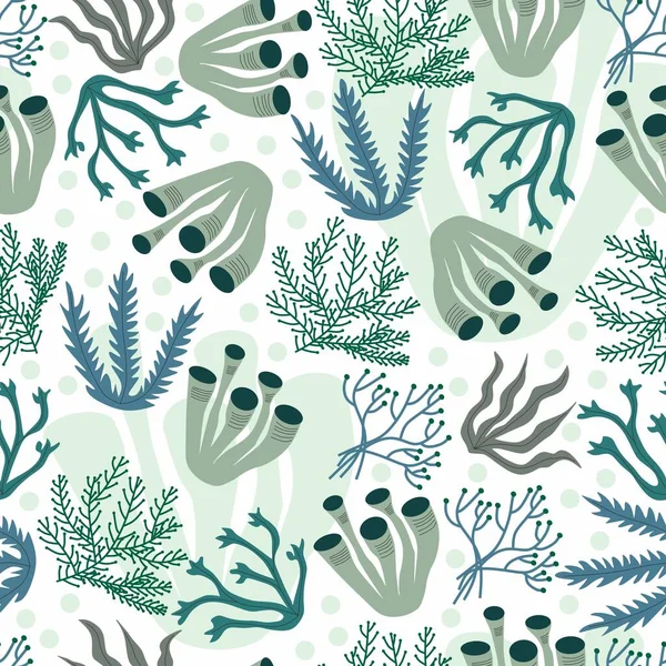 ベクターハンドは サンゴのシームレスなパターンを描いた 水中の海藻 包装紙 印刷又は織物 — ストックベクタ