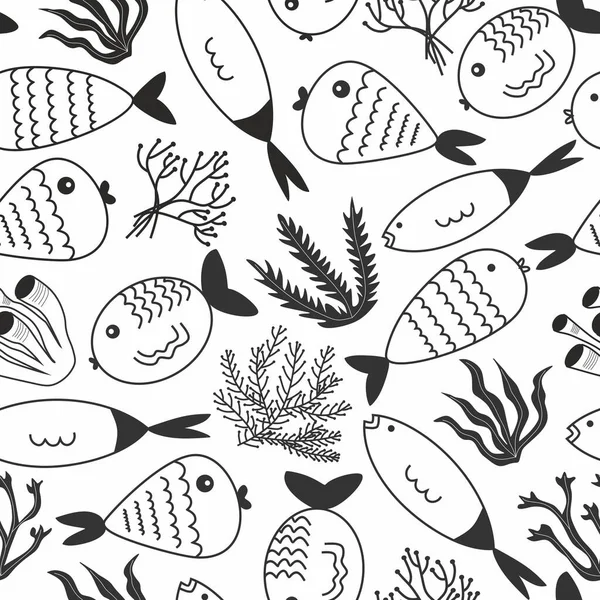 Gekritzelte Hand Zeichnete Verschiedene Fische Und Algen Auf Nahtlosem Hintergrund — Stockvektor