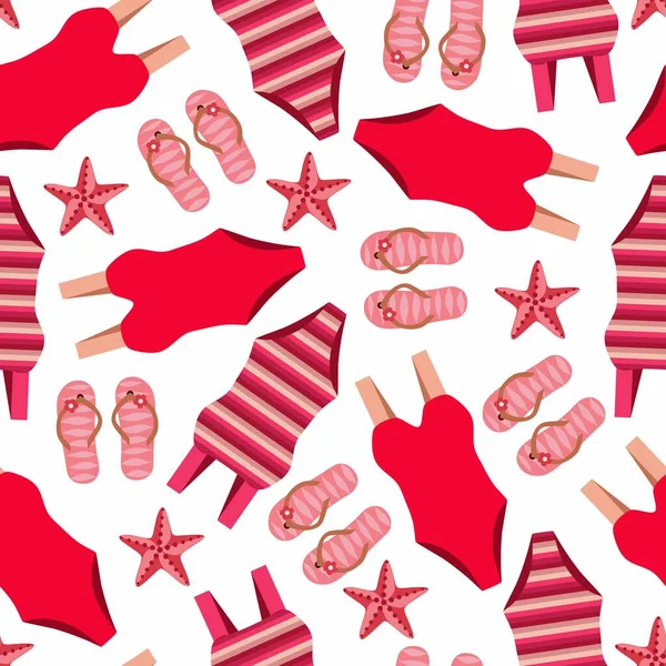 Безшовний Червоно Рожевий Візерунок Костюми Плавання Морські Зірки Плавати — стоковий вектор