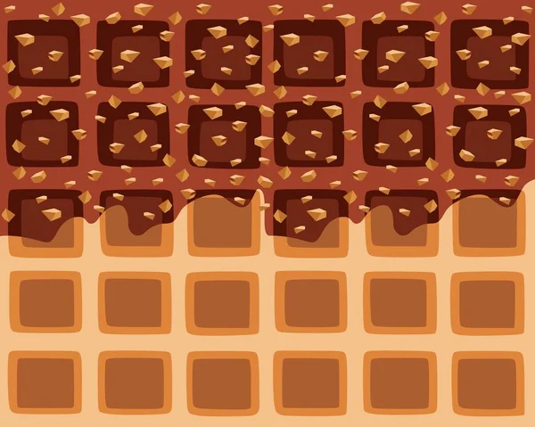 Menetes Biji Coklat Mengalir Atas Latar Belakang Tekstur Wafel Belgian - Stok Vektor