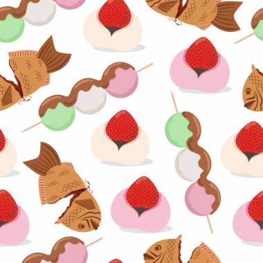 Kusursuz desenli geleneksel Japon tatlıları Dango, Taiyaki ve Daifuku. Vektör illüstrasyonu