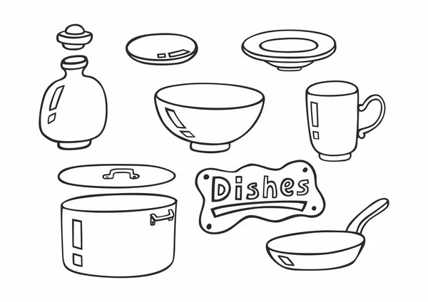 Doodle Dishes Vector Set Kitchen Equipment Objects Cooking Hand Drawn — Stock Vector