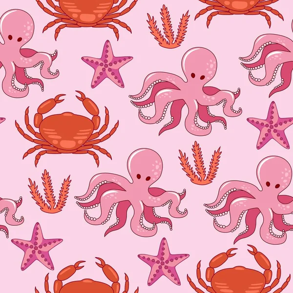 Vrolijke Hand Getekend Vector Naadloos Patroon Met Zeedieren Octopus Krab — Stockvector