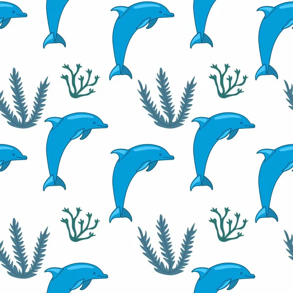 イルカや海藻とのかわいいシームレスなパターン 白い背景 平らなスタイルの海の動物 漫画の野生動物 — ストックベクタ