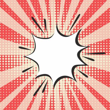 Sanat eseri deseni. Konuşma balonu ve yarım tonlu komik bir arkaplan. Kırmızı çizgi film, noktalı yıldız patlaması dokusu