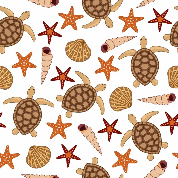 Бесшовный Рисунок Черепахами Морскими Звездами Раковинами Животный Мир Водой Векторная — стоковый вектор