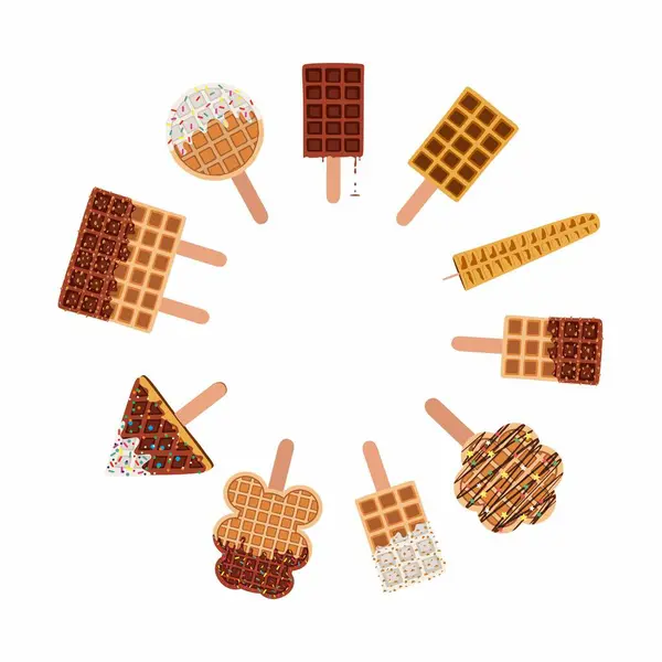 Circle frame. Sweet food and desserts food of golden brown homemade corn dogs waffles on a stick in various flavors.
