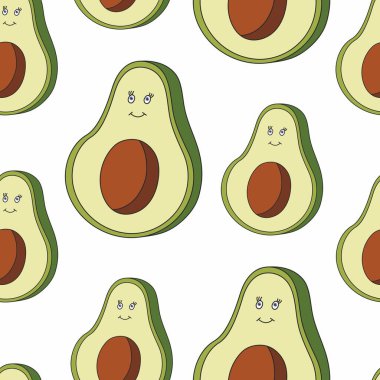 Avokado ile kusursuz desen. Sağlıklı vejetaryen yemeği. Avokado yarıları. Beyaz bir arkaplanda izole edilmiş