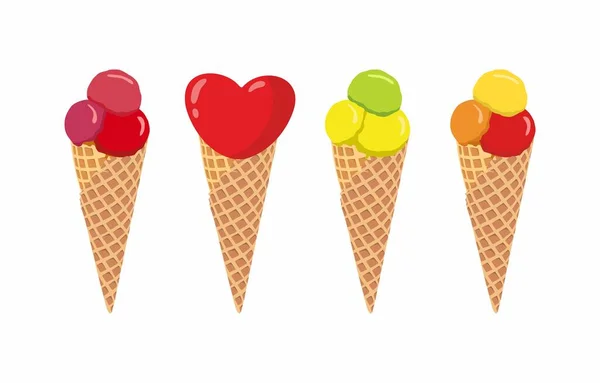 アイスクリームコーンのセット ハートとバブルの形状 — ストックベクタ
