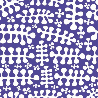 El çizimi, soyut şekilli çağdaş sanat kolajı. Modern beyaz elementlerle vektör kusursuz desen. Mavi.