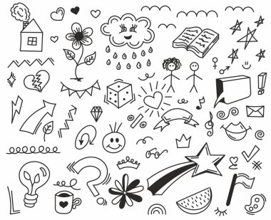 Çocuk için sevimli Doodle 'ın vektör çizimi beyaz arka planda süsleme için el çizimi şirin karalamalar, komik karalama..