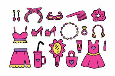 Barbiecore karalama seti. Pembe moda seti, pembe bebek estetik aksesuarları ve giysileri. Vektör çizimi. Sarı ve mor aksanlar