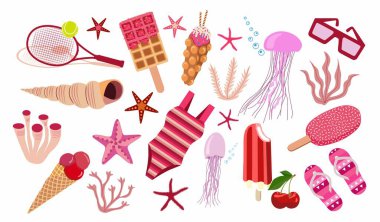 Güzel yaz tatili plaj elementlerini ayarla. Deniz hayvanları, yosunlar, deniz kabukları. Yaz yemeği, waffle, dondurma. Çizgi film vektör çizimi. Pembe renkler.