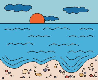 Deniz Burnu. Dalgalar kum ve taşlara çarpar. Ufuk ve güneş gökyüzünde. Güneş ışığı. Düz vektör illüstrasyonu