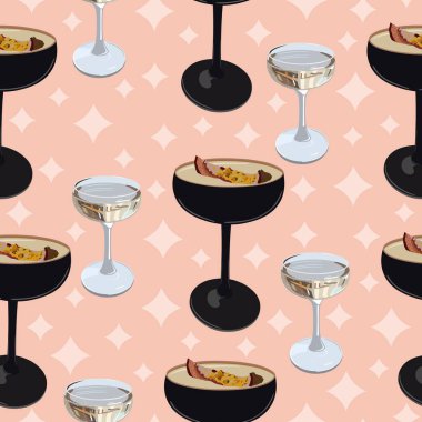 Porno yıldızı martini kokteyli çarkıfelek meyvesi. Kusursuz şampanyalı cam ve siyah camlı Passiflora. Açık pembe arkaplan ve açık pembe yıldızlar.