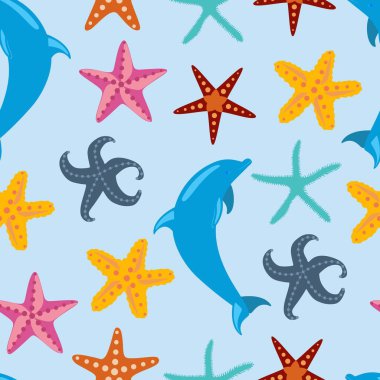 Yunuslar ve seastarlarla kusursuz desen. Denizci çocuk desenleri. Vektör sanatı.