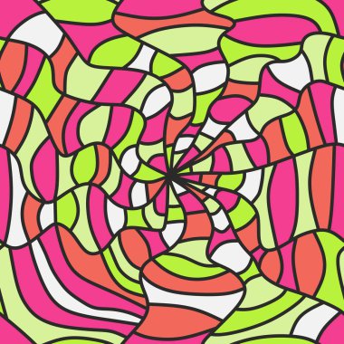 Kusursuz mozaik. Örümcek ağı şeklinde. Çarpık, renkli bir arka plan. Soyut vektör deseni. Retro dalgalı psikedelik arkaplan