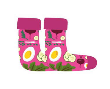 Litvanya usulü soğuk pancar çorbası. Pembe çorba malzemeleri. Yumurta, pancar, salatalık, soğan ve dereotu. Beyaz arkaplanda izole.