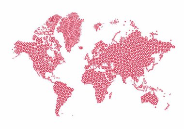 Dünya haritası. Modern pembe vektör haritası. Siluet haritası. Harita pembe çiçeklerden yapılmıştır. Beyaz arkaplanda izole