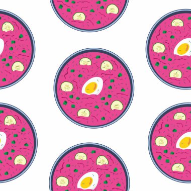 Kusursuz desen. Yumurtalı soğuk pembe pancar çorbası tabakları, taze bitkiler, salatalık ve bitkiler. Beyaz arkaplanda izole