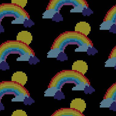 Şirin bir güneş çizgi filmi, gökkuşağı, bulutlar pürüzsüz desenli arka plan. Çapraz dikiş. Siyah arkaplanda izole