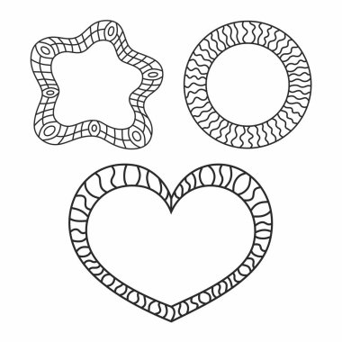 Mozaik çerçeveler ya da tahtalar. Beyaz ve siyah renkler. Üç farklı çerçeve. Kalp, daire ve dalgalı çerçeve beyaz arkaplanda izole