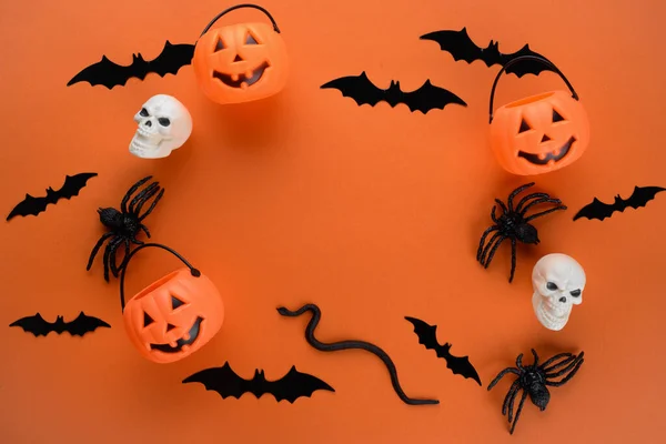 Surtido Artículos Halloween Juguetes Cubos Linterna Esqueletos Cráneos Arañas Murciélagos — Foto de Stock