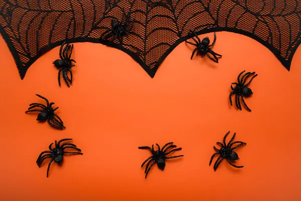 Web Decorativa Halloween Spider Sobre Fondo Naranja Foto Alta Calidad — Foto de Stock