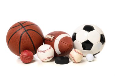 A group of sports balls including cricket, baseball, softball, football, soccer, basketball, golf, and hockey. High quality photo
