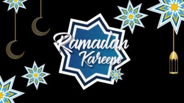 Ramdan Kareem 'in Döngü Arkaplanı ve Geleneksel Fenerler Ramazan İslami. Mavi Animasyon süsleriyle. Ramdan Kareem veya dünyadaki Müslüman bayramları, Ramazan Kareem mesajı.