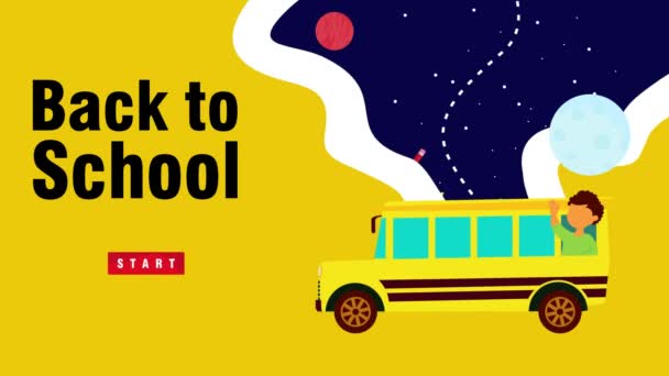Skolbuss Med Glada Barn Seriefigurer Går Till Skolan Animation Video — Stockvideo
