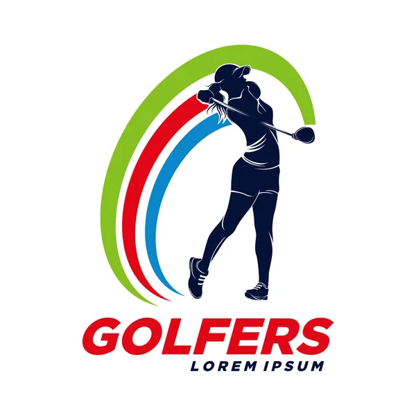 Kadın golf logosu tasarımı, golf oynayan kadının siluet vektör çizimi