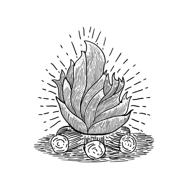 Taşlarla çevrili büyük bir kamp ateşi. Robot resim. İşleme stili. Vektör illüstrasyonu.