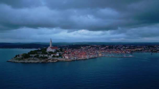 Západ Slunce Letecké Panorama Starého Města Rovinj Slavné Starobylé Chorvatské — Stock video