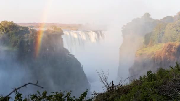 Victoria Falls Waterval Met Regenboog Timelapse — Stockvideo