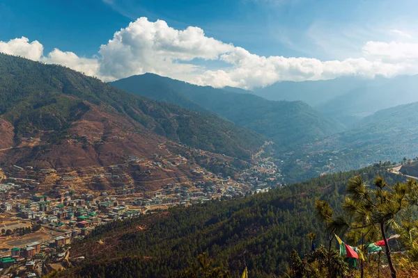 Herrlicher Blick Auf Die Stadt Thimphu Bhutan Mit Bergen Und — Stockfoto